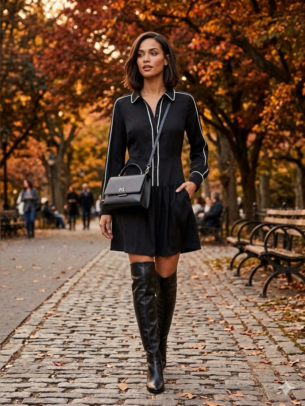Black Long-Sleeve Shirt Dress with Contrast Piping